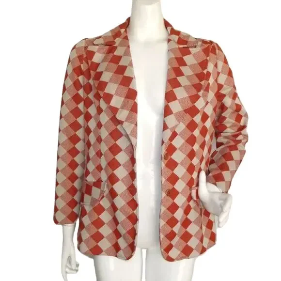 VINTAGE Blazer, M/L, Orange/Off-White Diamonds/Check, 2 buttons, Poly - Picture 9 of 12